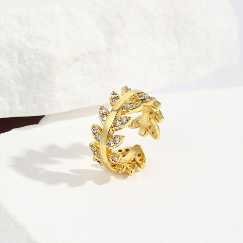 Simple Style Leaves Copper Inlay Zircon Rings