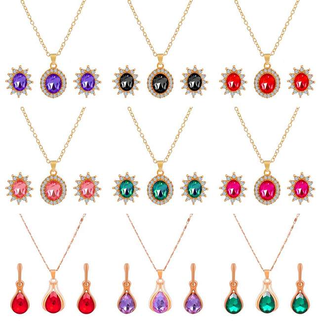 1 Set Fashion Oval Water Droplets Copper Inlay Artificial Rhinestones Zircon Women'S Earrings Necklace