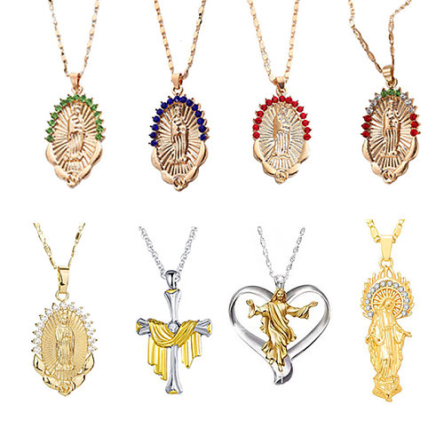 Halskette mit Anhänger im Retro-Ethno-Stil der Jungfrau Maria in Herzform aus Kupferlegierung mit Strasssteinen in großen Mengen