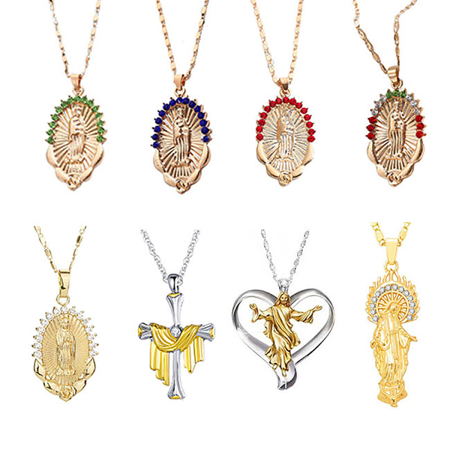 Retro Ethnic Style Virgin Mary Heart Shape Alloy Copper Rhinestones Pendant Necklace In Bulk