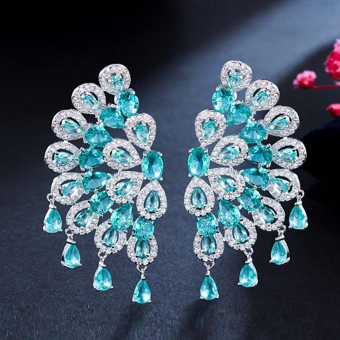 1 Pair Glam Wedding Shiny Round Peacock Feather Plating Hollow Out Inlay Copper Zircon Rhodium Plated Ear Studs