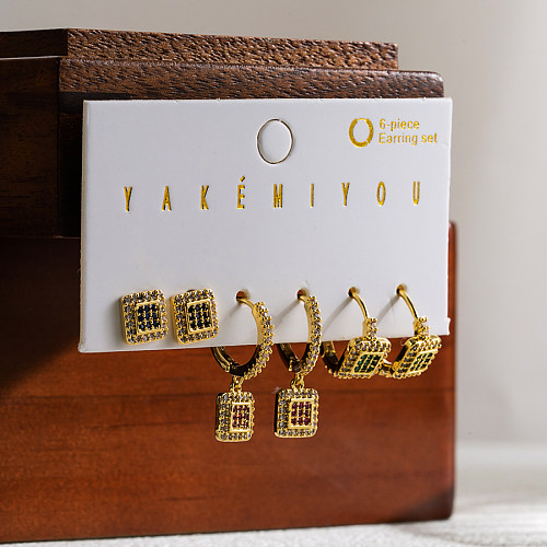 1 conjunto Yakemiyou casual redondo quadrado cobre zircão 14K brincos de argola banhados a ouro