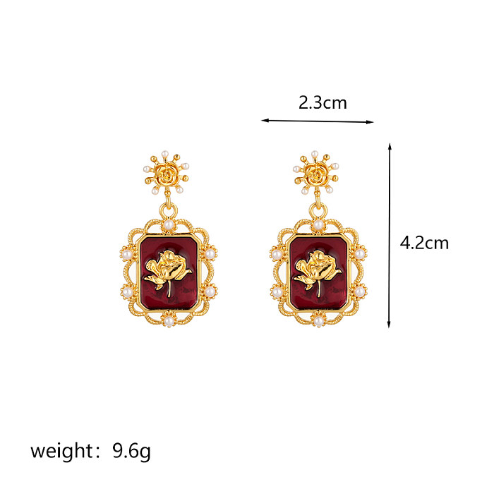 1 Pair Chinoiserie Commute Rose Enamel Plating Inlay Copper Artificial Pearls 18K Gold Plated Drop Earrings