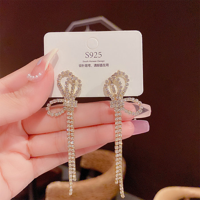 Elegant Bow Knot Copper Tassel Diamond Drop Earrings 1 Pair