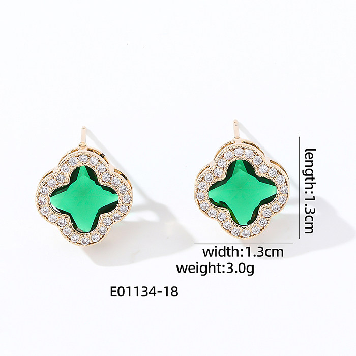 1 Pair Vintage Style Sweet Shiny Four Leaf Clover Inlay Copper Zircon Ear Studs