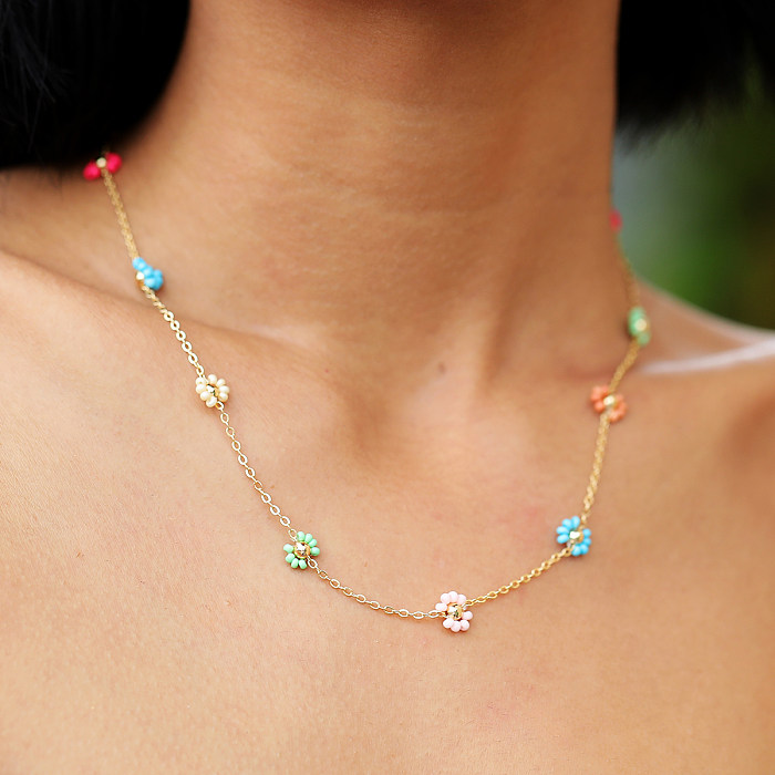 IG Style Bohemian Sweet Flower Plastic Copper Beaded Handmade Plating 18K Gold Plated Necklace
