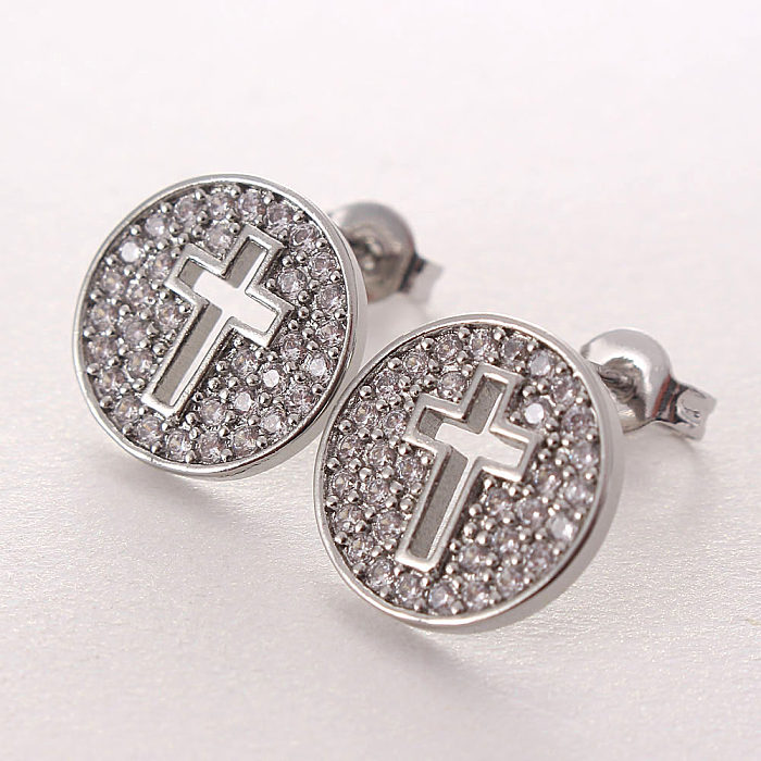 IG Style Simple Style croix ronde cuivre placage incrustation Zircon plaqué or boucles d'oreilles collier