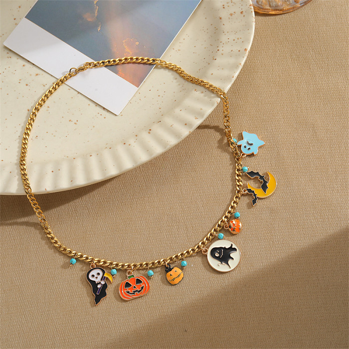 Lustige Kürbisgeist-Armband-Halskette aus Edelstahllegierung mit Emaille-Beschichtung