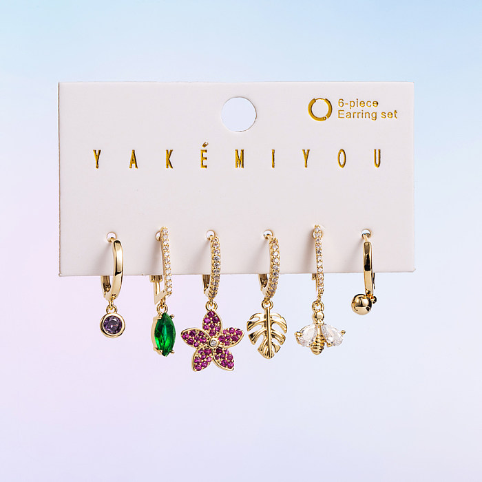 INS Style Tortoise Flower Snake Copper Asymmetrical Zircon 14K Gold Plated Earrings