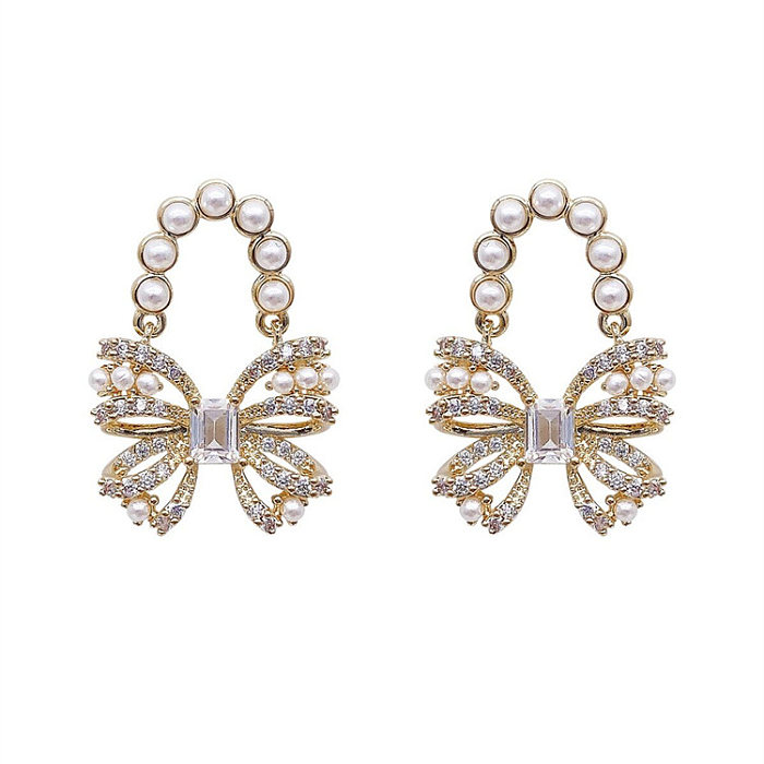 1 Pair Elegant Lady Bow Knot Inlay Copper Zircon Earrings