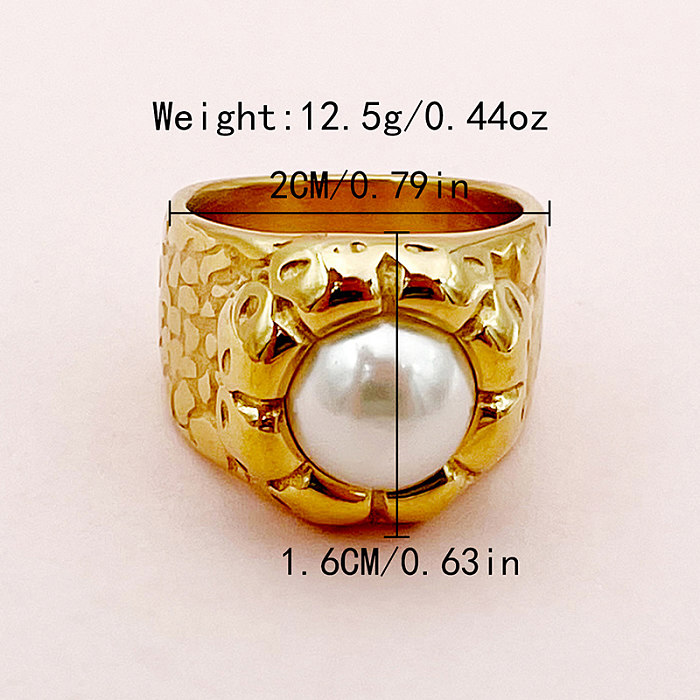 Wholesale Casual Simple Style Flower Stainless Steel Plating Inlay Gold Plated Pearl Wide Band Rings