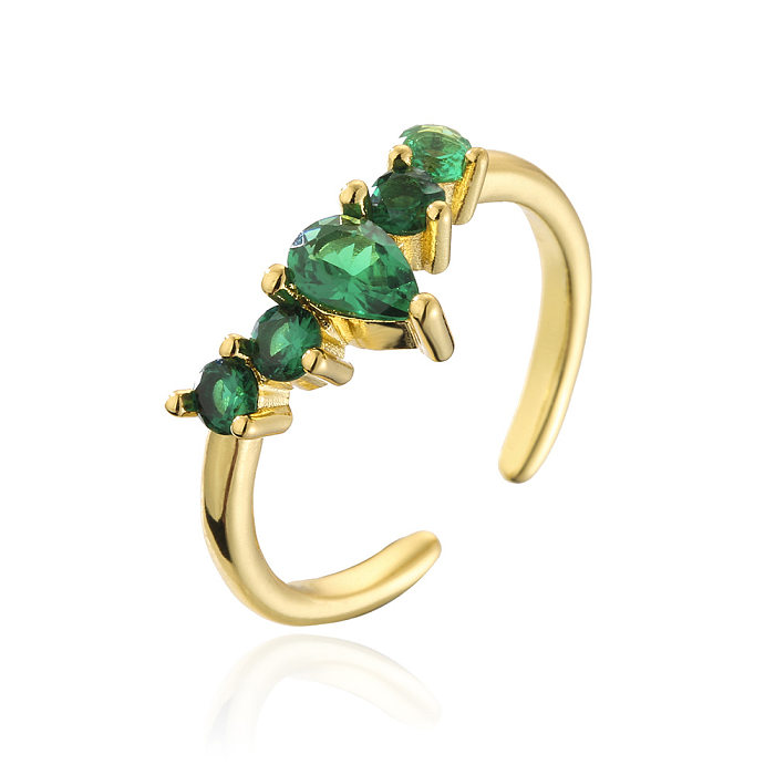 Moda cobre 18K ouro micro-conjunto zircon coroa coração esmeralda anel aberto geométrico