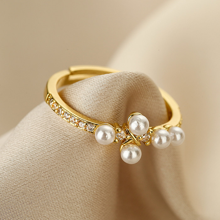 Simple Style Geometric Copper Plating Inlay Artificial Pearls Zircon 18K Gold Plated Open Ring