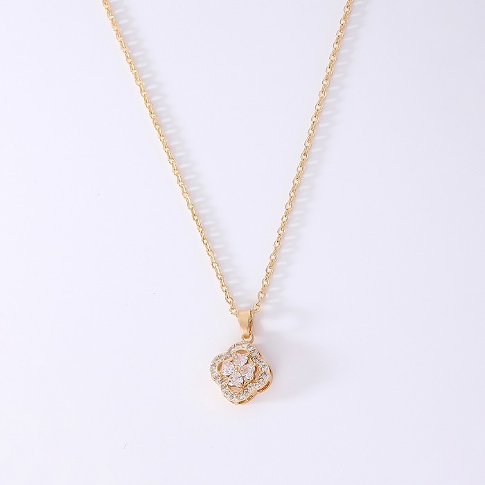 Luxurious Sweet Four Leaf Clover Copper Plating Hollow Out Inlay Zircon White Gold Plated Gold Plated Pendant Necklace