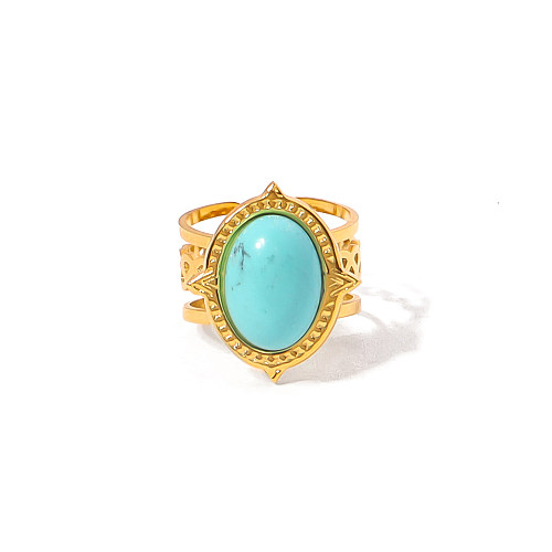 Retro Oval Titanium Steel Plating Inlay Turquoise 14K Gold Plated Open Ring