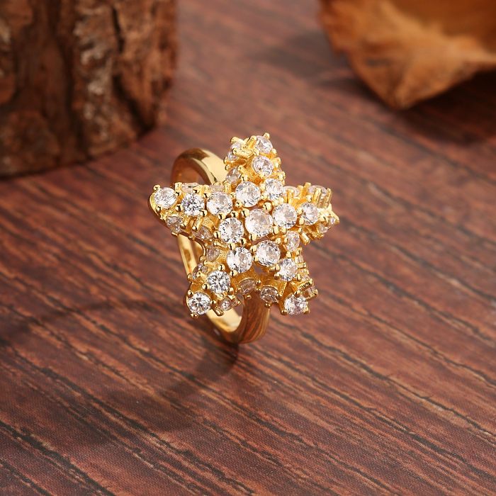 Casual Basic Starfish Copper Plating Inlay Zircon 18K Gold Plated Open Rings