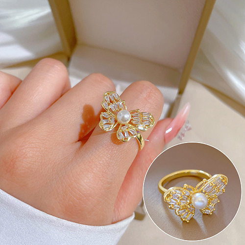 Fashion Butterfly Brass Inlay Artificial Pearls Zircon Open Ring