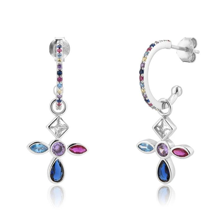 European And American Cross-border S925 Silver Needle Inlaid Colorful Zircon Cross Copper Earrings