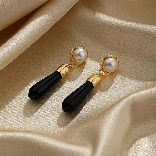 1 Pair Casual Simple Style Round Agate Plating Inlay Copper Pearl 18K Gold Plated Drop Earrings