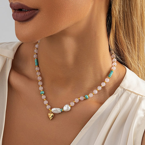 Collier de placage de perles en cuivre en forme de cœur de style classique et mignon