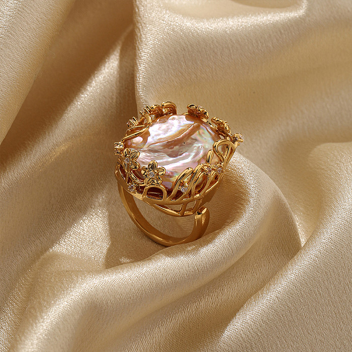 Bagues ouvertes plaquées or 18 carats, Style IG rétro, fleur ovale, placage de cuivre, incrustation ajourée de perles en Zircon