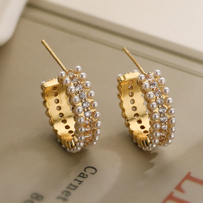 1 Pair Simple Style Commute Geometric Plating Inlay Copper Artificial Pearls Zircon 18K Gold Plated Earrings