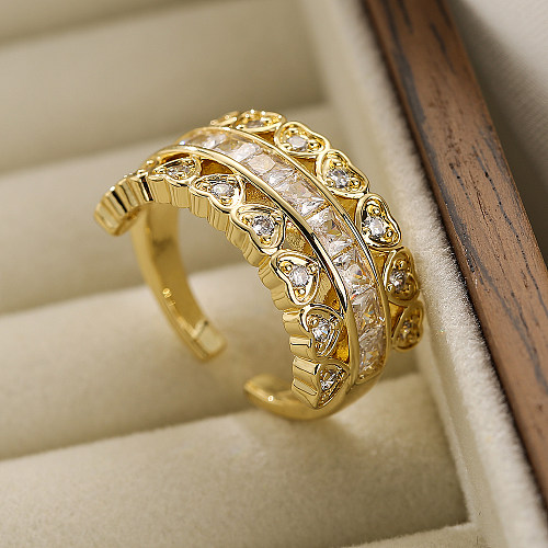 Commute Water Droplets Heart Shape Copper Plating Inlay Zircon 18K Gold Plated Open Ring