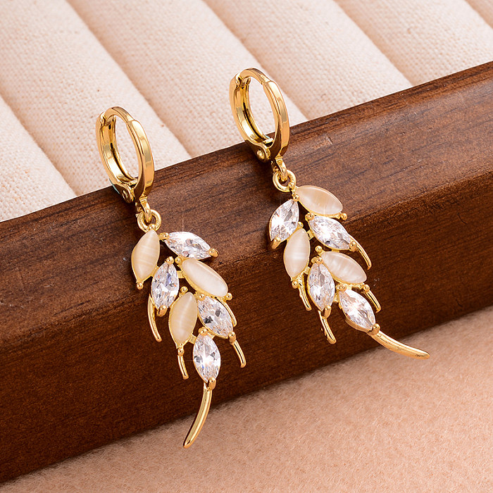 1 Paar elegante, kunstvoll gemaserte Inlay-Kupfer-Opal-Zirkon-Tropfenohrringe mit 14-Karat-Vergoldung