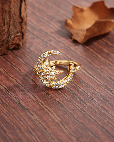 Glam brilhante estrela lua cobre chapeamento incrustado zircão anéis banhados a ouro 18K