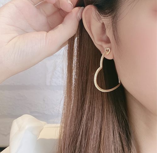 1 paire de boucles d'oreilles créoles en cuivre et Zircon, Style IG, incrustation en forme de cœur