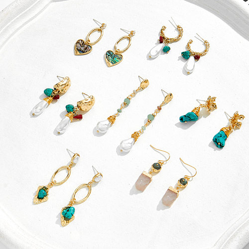 Boucles d'oreilles rétro en pierre naturelle plaquée cuivre, or véritable 14 carats, Turquoise, à la mode