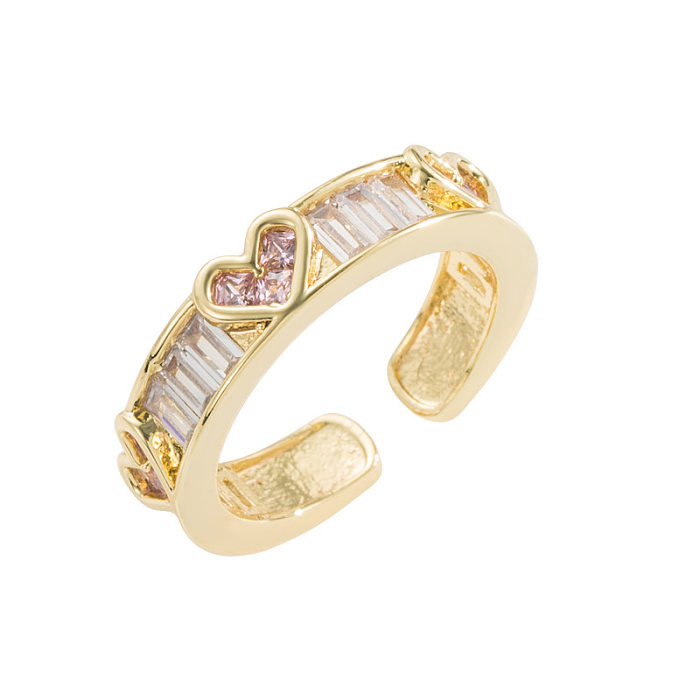 Anel aberto de cobre em formato de coração fashion com incrustação de zircão anéis de cobre
