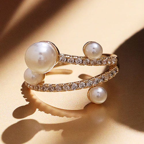 IG Style Korean Style Irregular Copper Inlay Artificial Pearls Zircon Open Rings