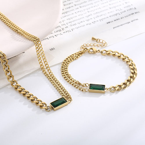 Modern Style Rectangle Titanium Steel Plating Inlay Glass 18K Gold Plated Bracelets Necklace