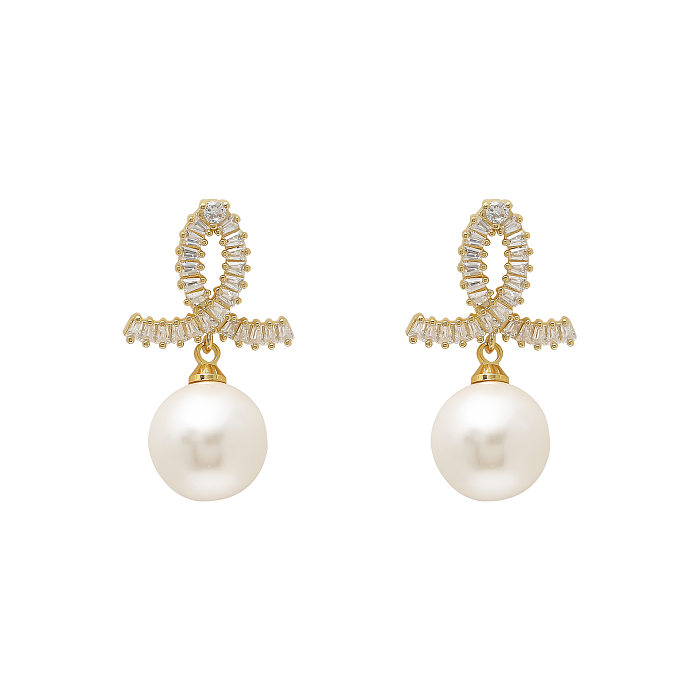 1 Pair Lady Pearl Plating Inlay Imitation Pearl Copper Zircon Drop Earrings