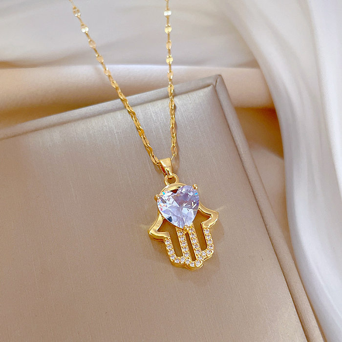 Mode Palm Herz Form Edelstahl Verkupferung Inlay Künstliche Diamant Anhänger Halskette 1 Stück