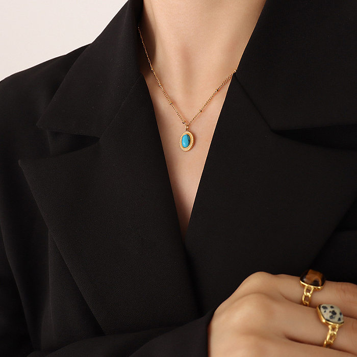 Conjunto de colar e brincos de aço titânio com pingente de opala turquesa da moda