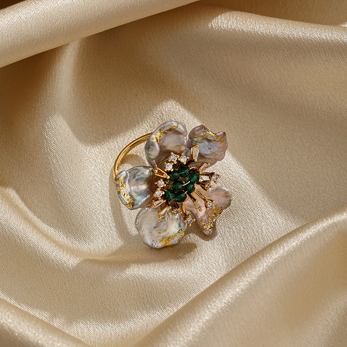 Elegant Baroque Style Flower Copper Plating Inlay Zircon Rings