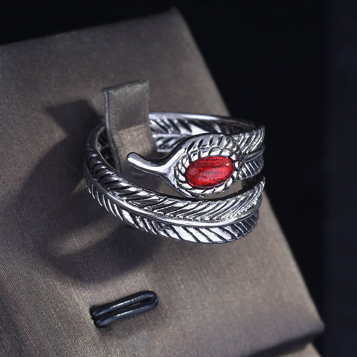 Anel aberto de penas de prata esterlina S925 banhado a diamante vermelho para homens e mulheres