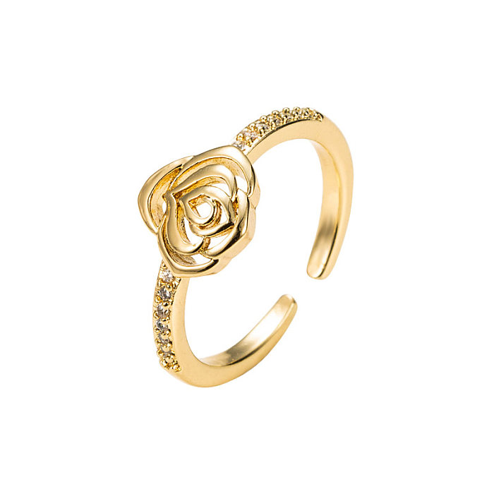 Geometric Rose Flower Shape 18k Gold Plated Copper Micro Inlaid Hazel Ring Opening Adjustable Europe And America