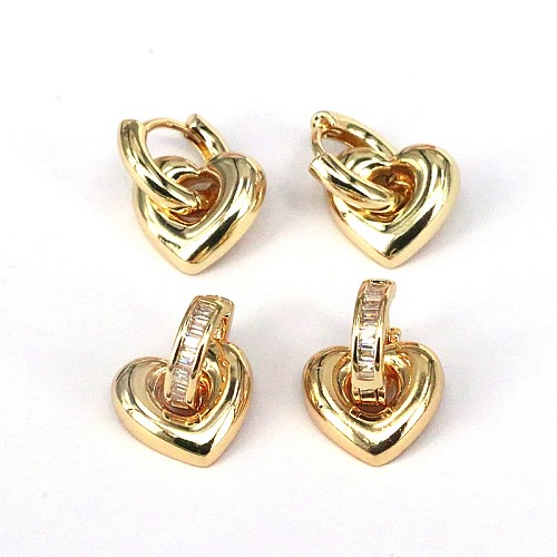 1 paire de boucles d'oreilles en cuivre et Zircon plaqué or, Style Vintage, Style Simple, en forme de cœur, incrustation