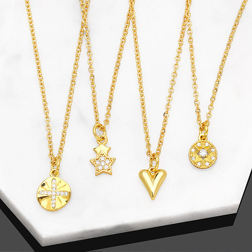 Schlichter Stil, Stern-Herzform, Kupfer, vergoldet, Zirkon-Anhänger-Halskette, 1 Stück