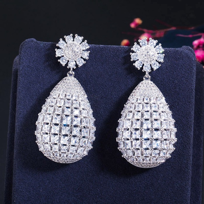 1 Pair 2 Pieces Glam Oversized Shiny Water Droplets Hot Air Balloon Plating Inlay Copper Zircon Rhodium Plated Drop Earrings