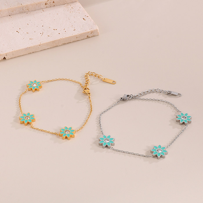 Sweet Pastoral Simple Style Flower Titanium Steel Enamel Plating Inlay Artificial Diamond 18K Gold Plated Bracelets Necklace Jewelry Set