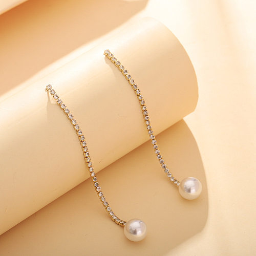 1 paire de boucles d'oreilles pendantes avec pampilles de Style Simple, incrustation de strass en cuivre