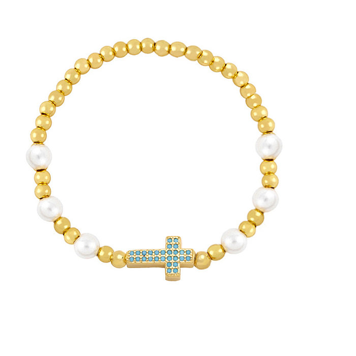 Bracelets de cuivre de croix de mode Bracelets de cuivre de zircon plaqué or perlé perlé