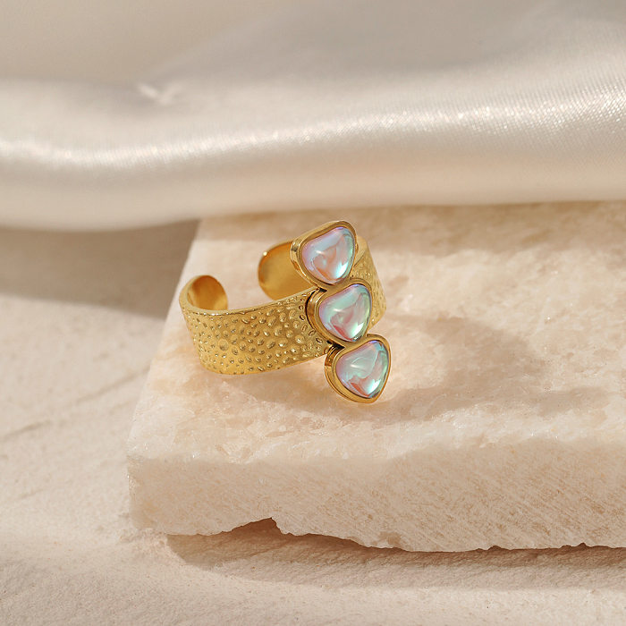 Bague ouverte en opale avec incrustation en acier inoxydable en forme de cœur de style simple 1 pièce