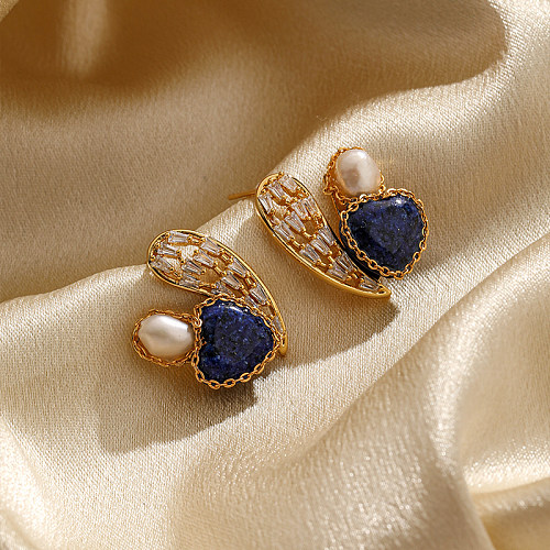 1 paire de clous d'oreilles plaqués or 18 carats, style IG, en forme de cœur brillant, incrustation ajourée en cuivre, perle d'eau douce, Zircon Lapis Lazuli