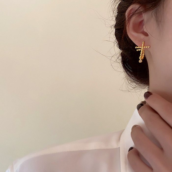 1 Pair Simple Style Cross Plating Copper Rhinestones 18K Gold Plated Drop Earrings