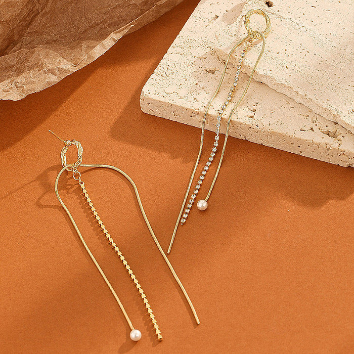 1 Pair Commute Tassel Inlay Copper Freshwater Pearl Zircon Drop Earrings